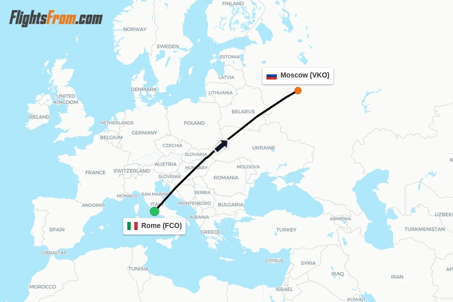 Flights from Rome to Moscow route map