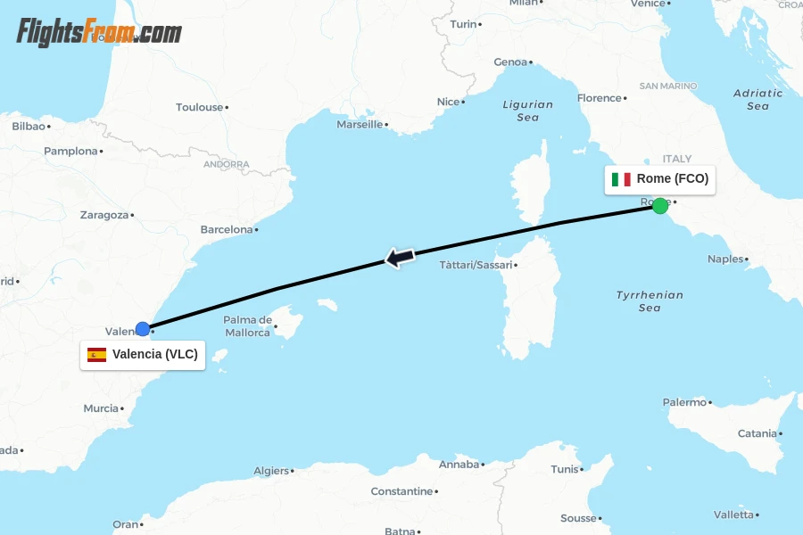 Flights from Rome to Valencia route map