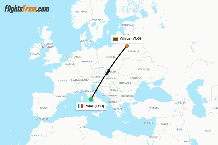 Flights from Rome to Vilnius route map