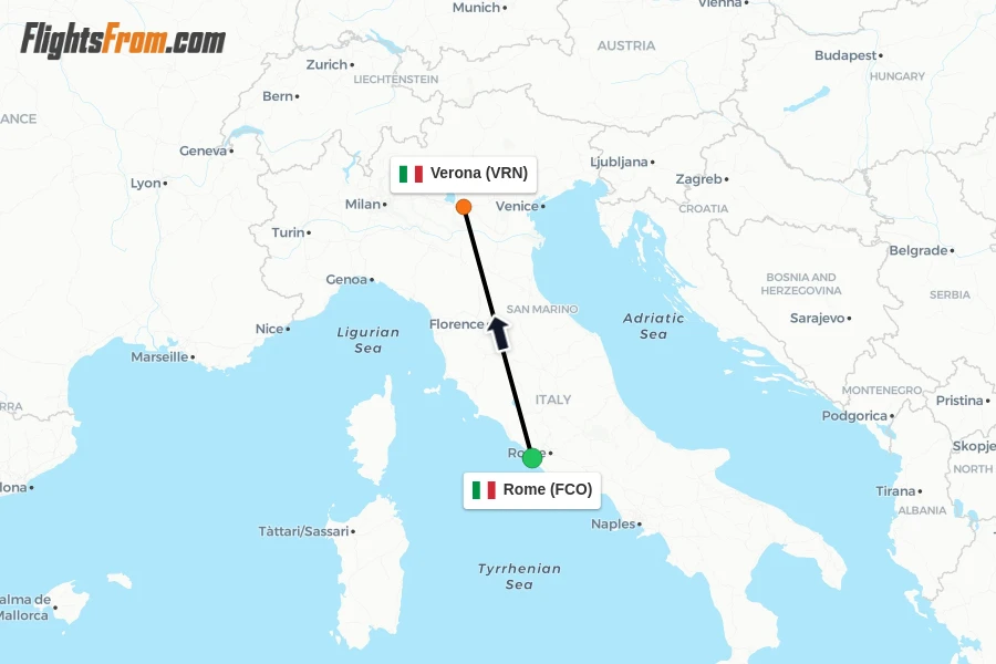 Flights from Rome to Verona route map