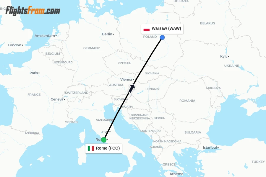 Flights from Rome to Warsaw route map