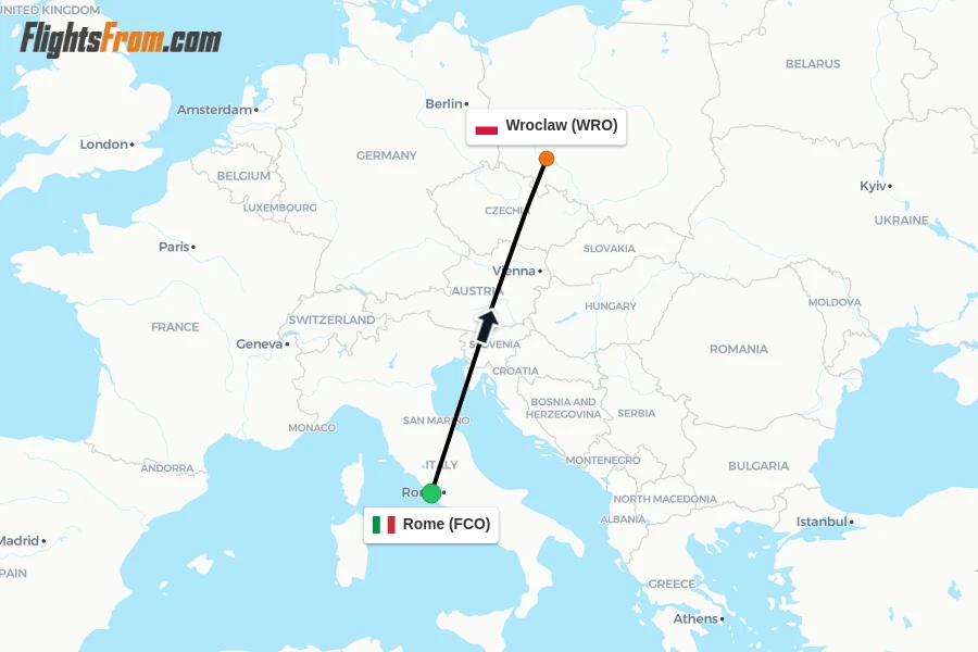 Flights from Rome to Wroclaw route map