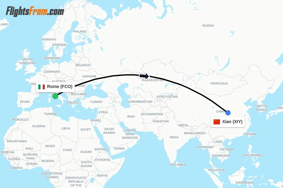 Flights from Rome to Xian route map