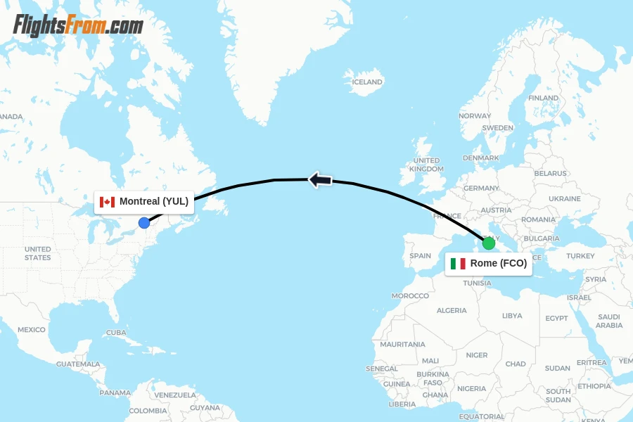 Flights from Rome to Montreal route map