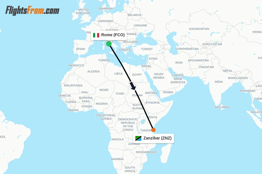 Flights from Rome to Zanzibar route map