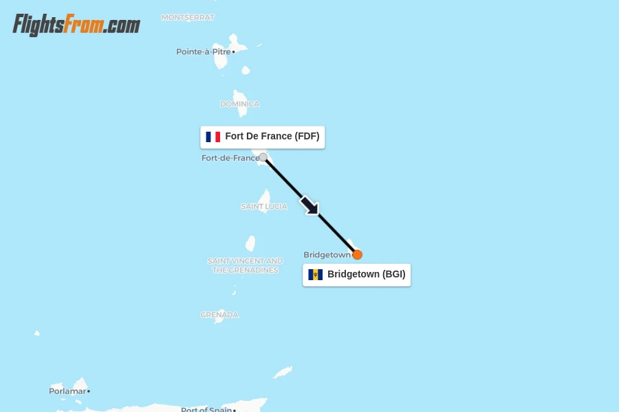 Flights from Fort De France to Bridgetown route map