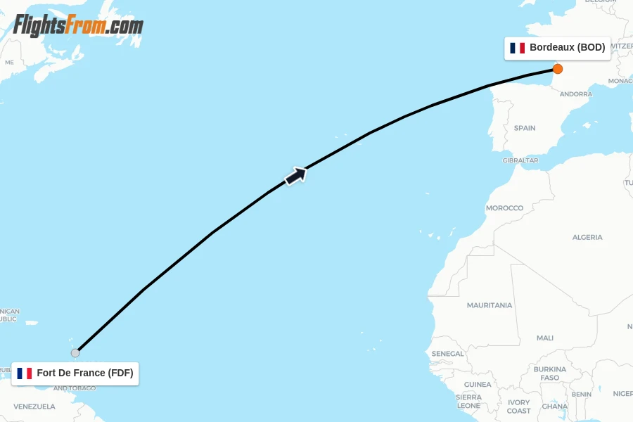 Flights from Fort De France to Bordeaux route map