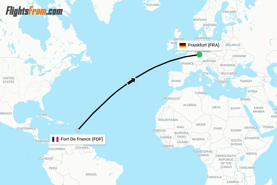 Flights from Fort De France to Frankfurt route map