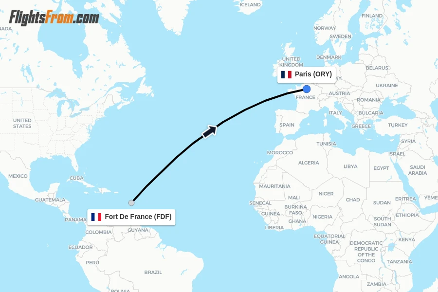 Flights from Fort De France to Paris route map