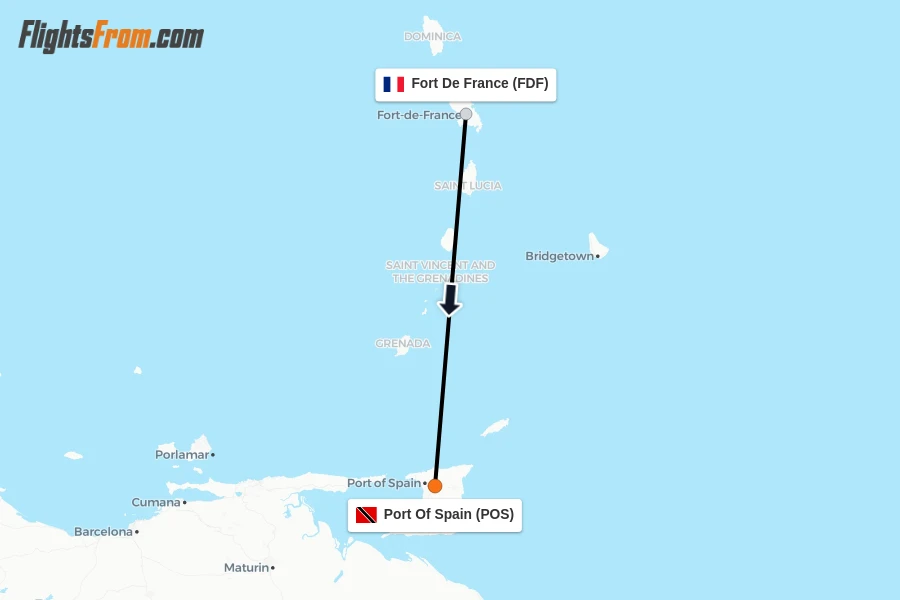 Flights from Fort De France to Port Of Spain route map