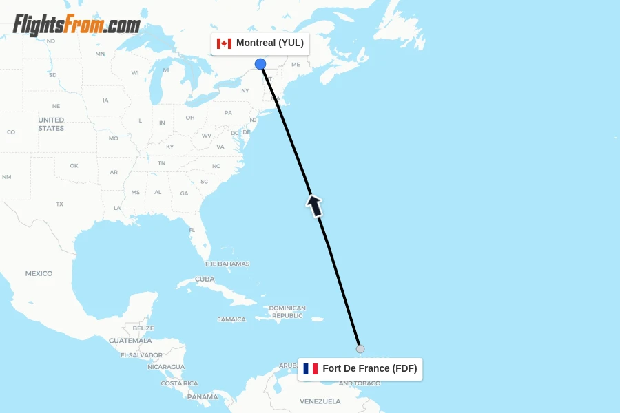 Flights from Fort De France to Montreal route map