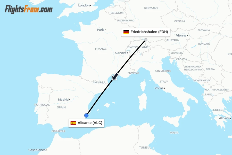 Flights from Friedrichshafen to Alicante route map