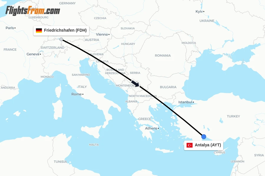 Flights from Friedrichshafen to Antalya route map