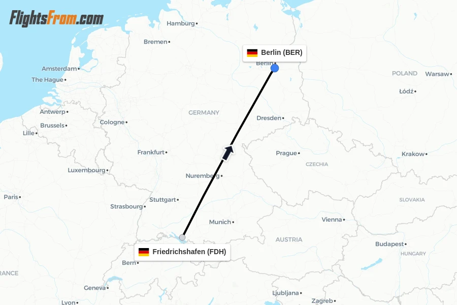 Flights from Friedrichshafen to Berlin route map
