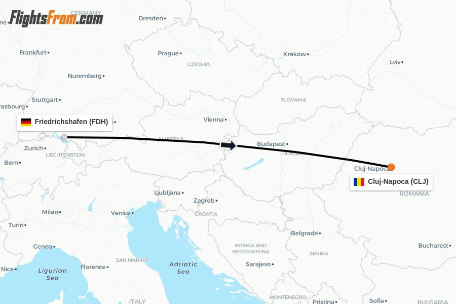 Flights from Friedrichshafen to Cluj-Napoca route map