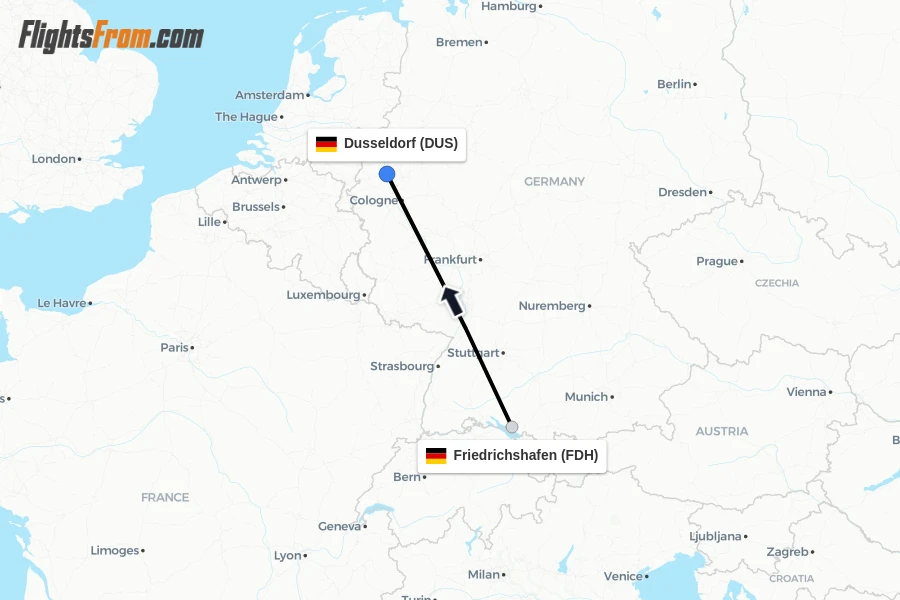 Flights from Friedrichshafen to Dusseldorf route map