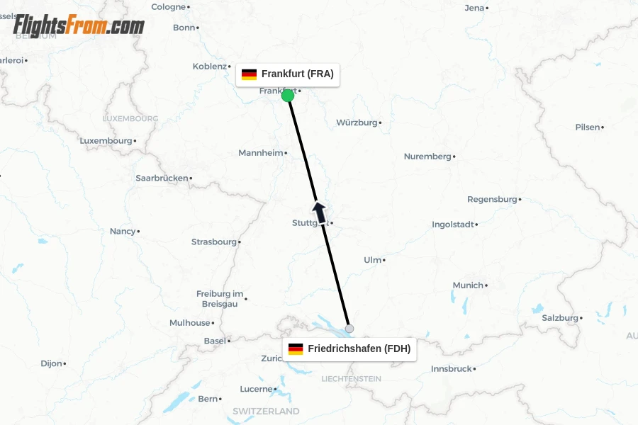 Flights from Friedrichshafen to Frankfurt route map