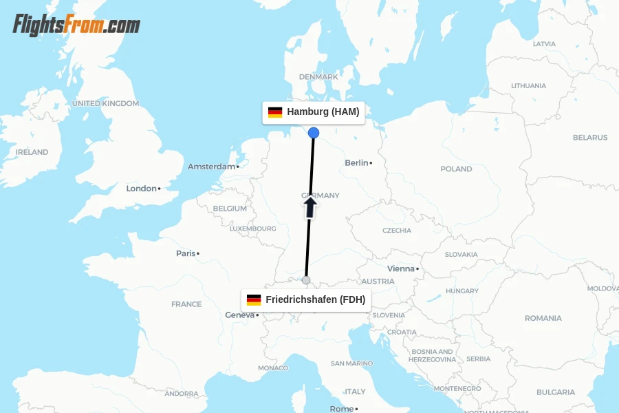 Flights from Friedrichshafen to Hamburg route map