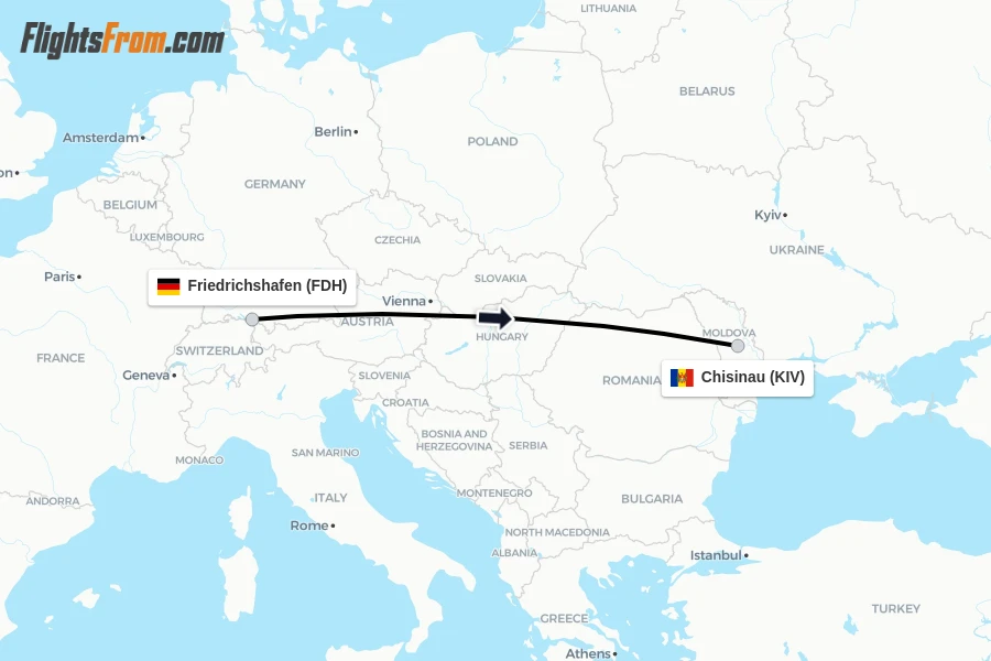 Flights from Friedrichshafen to Chisinau route map