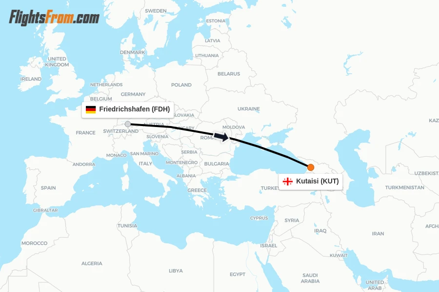 Flights from Friedrichshafen to Kutaisi route map