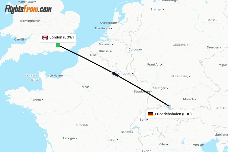 Flights from Friedrichshafen to London route map