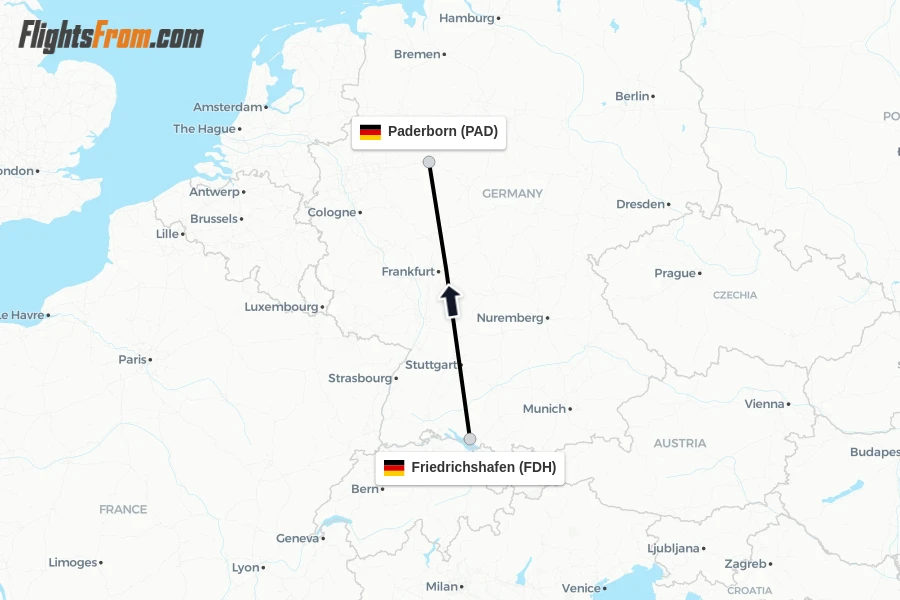 Flights from Friedrichshafen to Paderborn route map