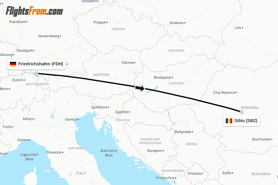 Flights from Friedrichshafen to Sibiu route map