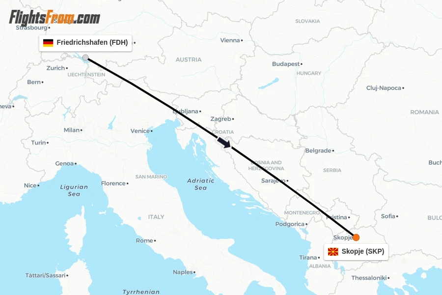 Flights from Friedrichshafen to Skopje route map
