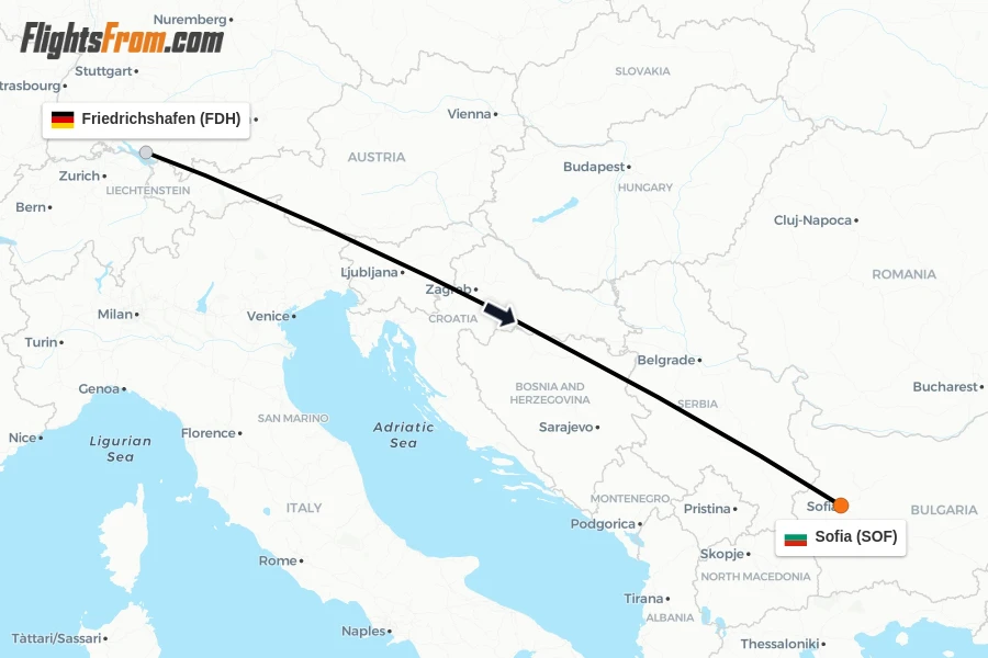 Flights from Friedrichshafen to Sofia route map