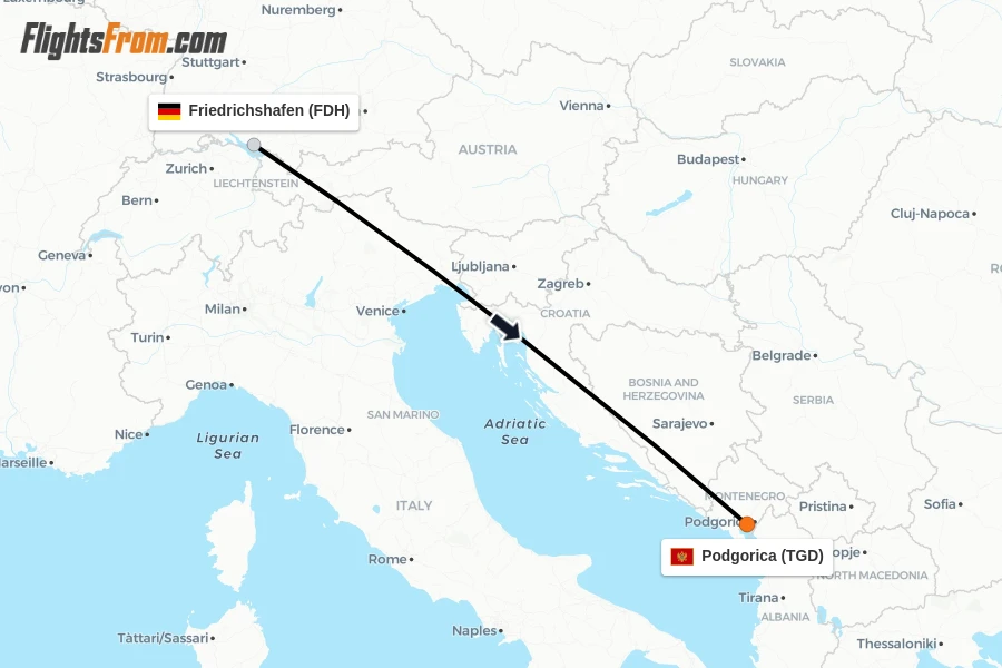 Flights from Friedrichshafen to Podgorica route map
