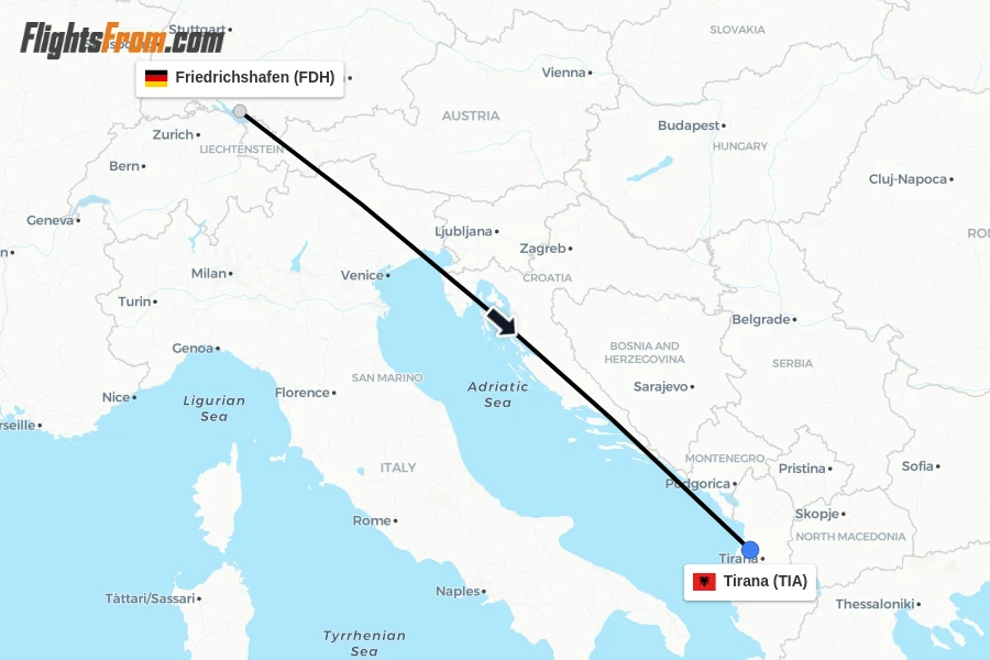 Flights from Friedrichshafen to Tirana route map
