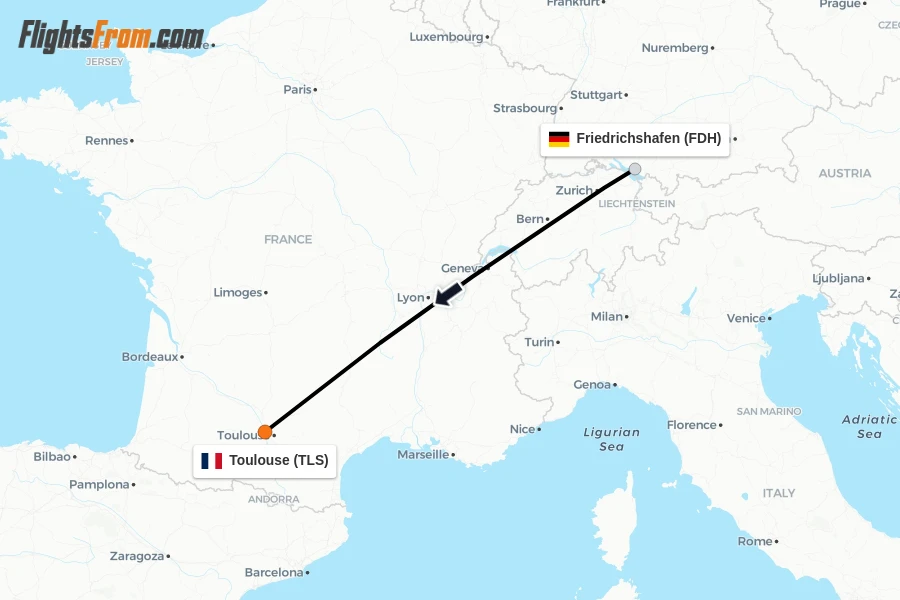 Flights from Friedrichshafen to Toulouse route map