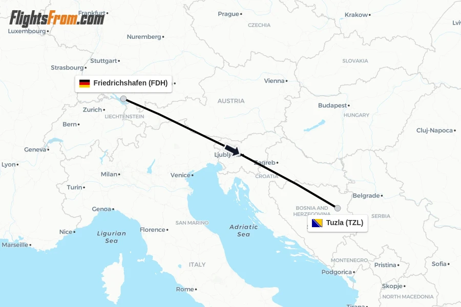Flights from Friedrichshafen to Tuzla route map