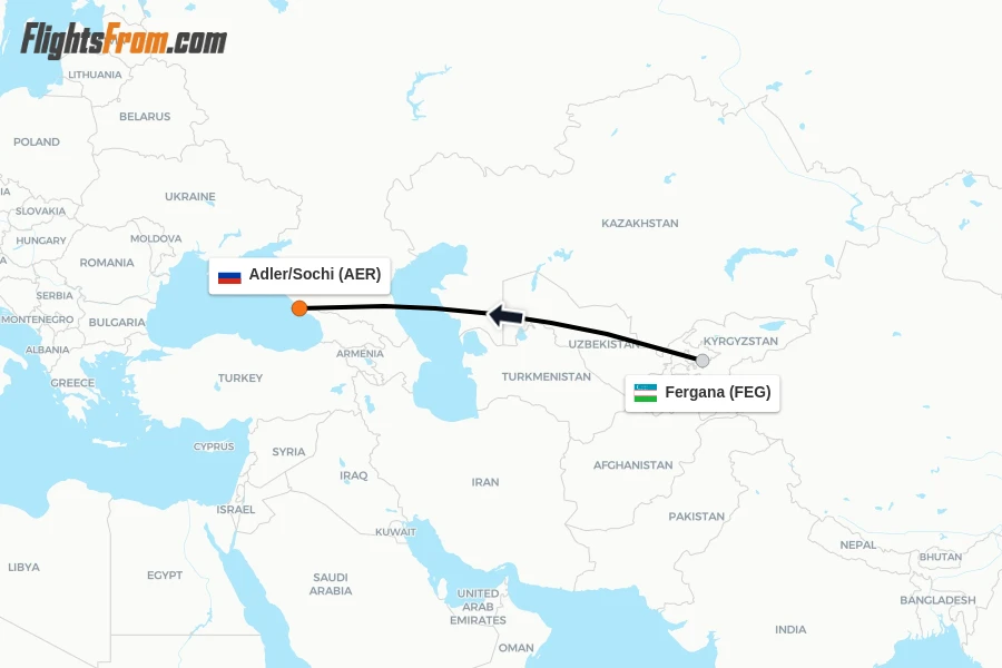Flights from Fergana to Adler/Sochi route map