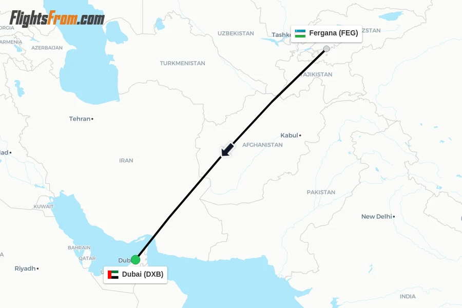 Flights from Fergana to Dubai route map