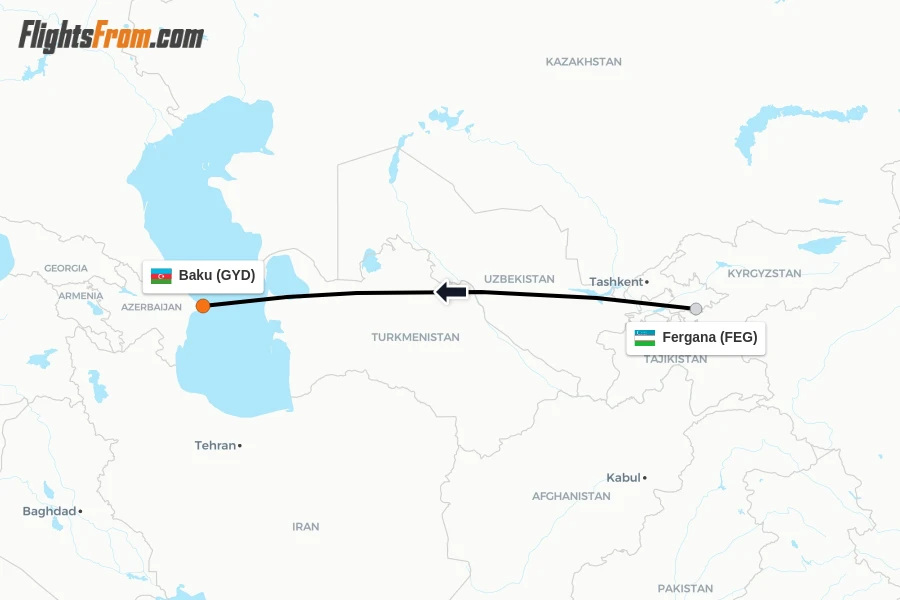Flights from Fergana to Baku route map