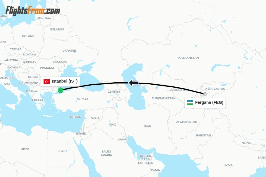 Flights from Fergana to Istanbul route map