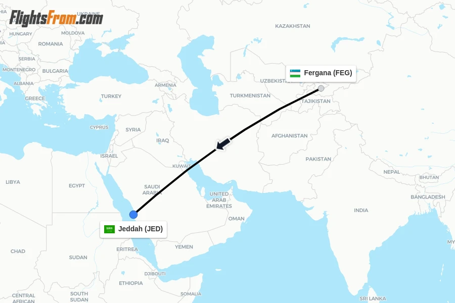 Flights from Fergana to Jeddah route map