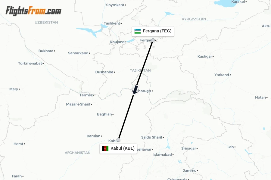 Flights from Fergana to Kabul route map