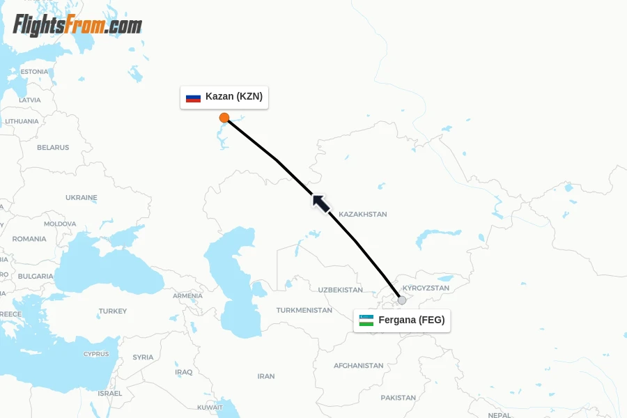 Flights from Fergana to Kazan route map
