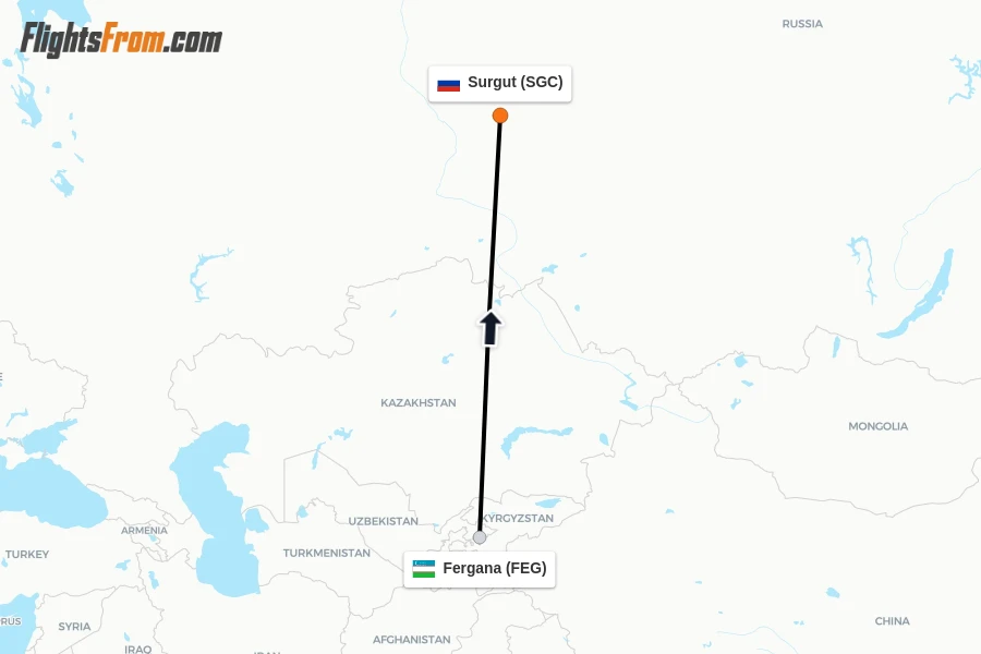 Flights from Fergana to Surgut route map