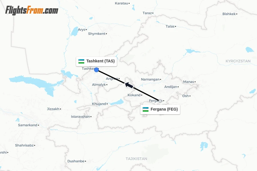 Flights from Fergana to Tashkent route map