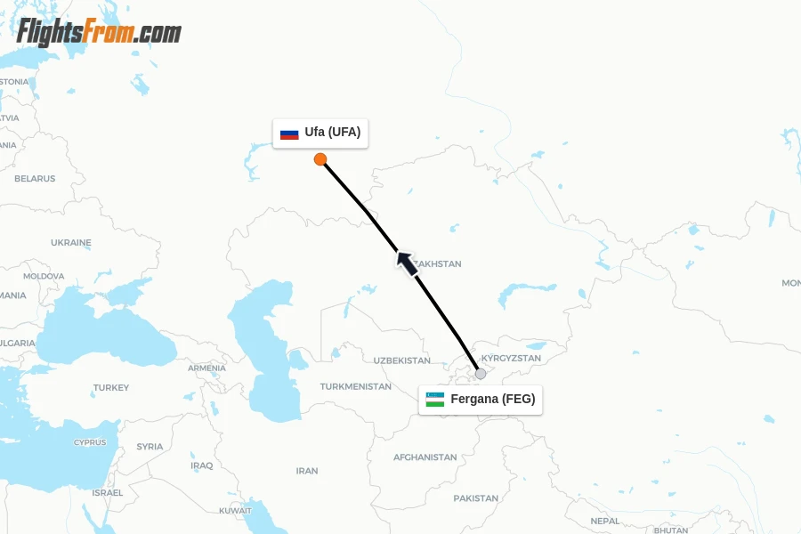 Flights from Fergana to Ufa route map