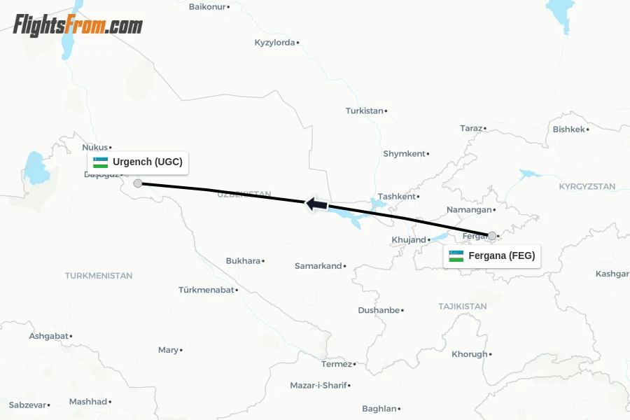 Flights from Fergana to Urgench route map