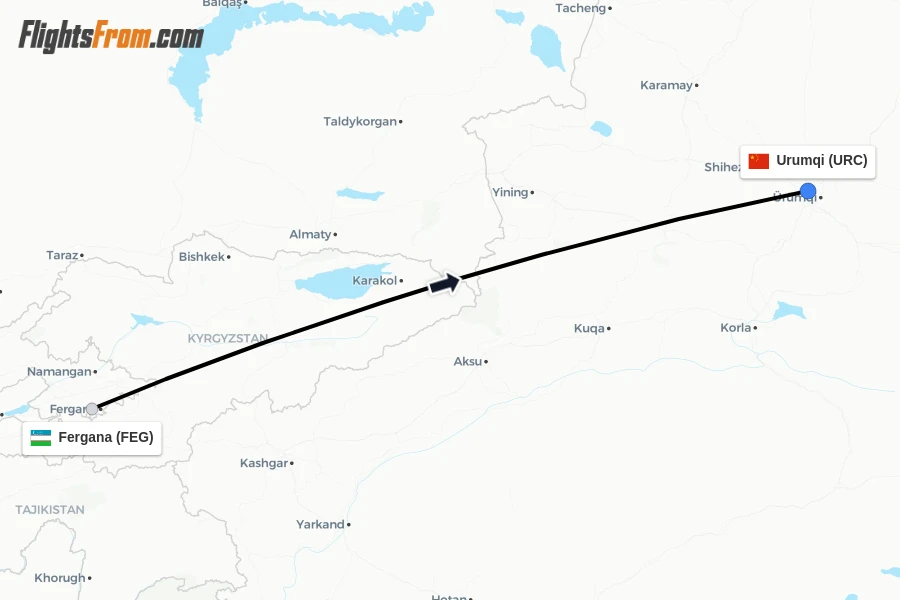 Flights from Fergana to Urumqi route map
