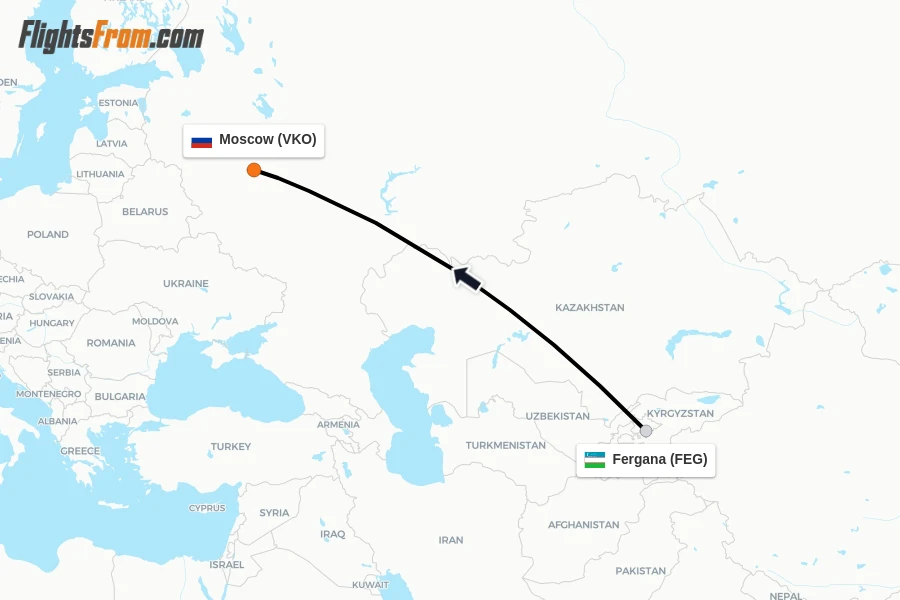 Flights from Fergana to Moscow route map