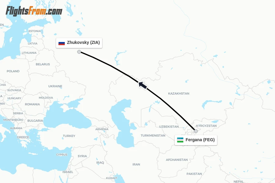 Flights from Fergana to Zhukovsky route map