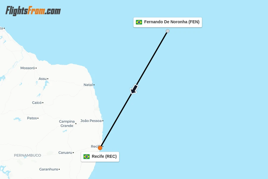 Flights from Fernando De Noronha to Recife route map