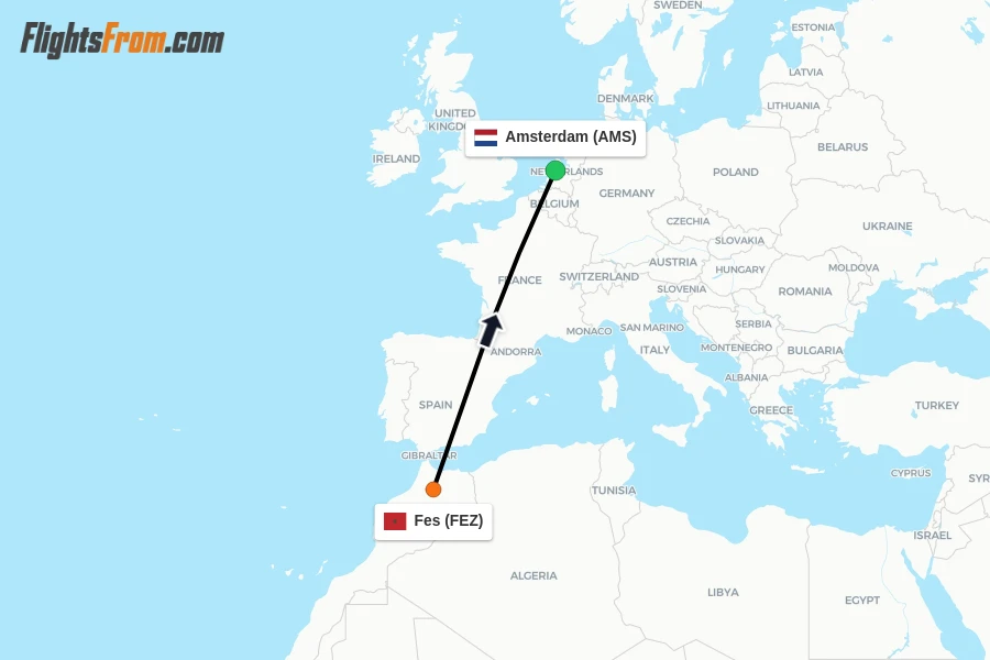 Flights from Fes to Amsterdam route map