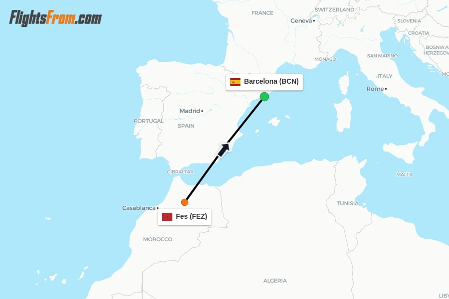 Flights from Fes to Barcelona route map
